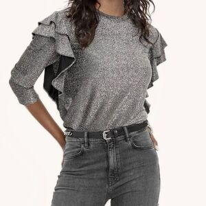 NEW Rebecca Minkoff‎ Kiera Ruffled Metallic Knit Top Size XS Pewter Long Sleeve
